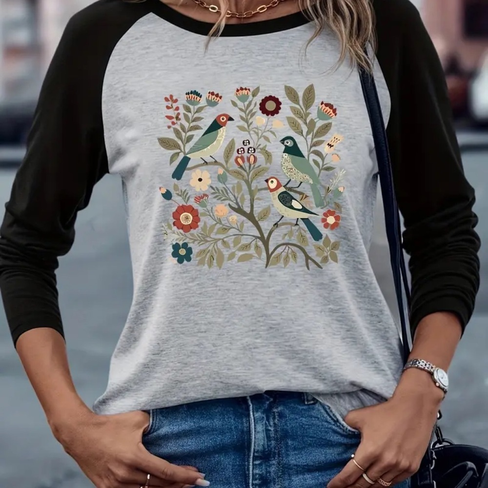 Bird Floral Graphic Raglan Tee Light Gray Black Long Sleeve XXL